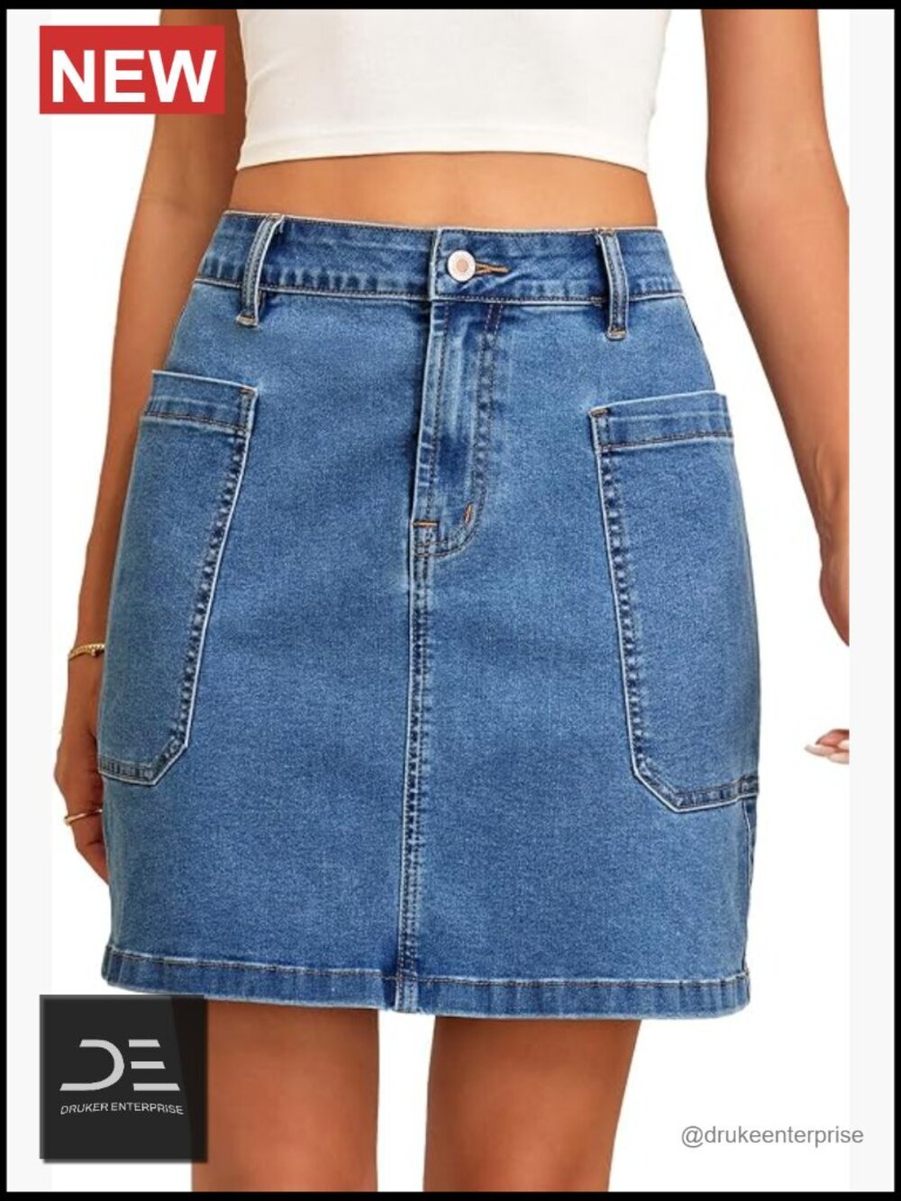 High Waisted Stretchy Denim Skirt with Patch Pockets